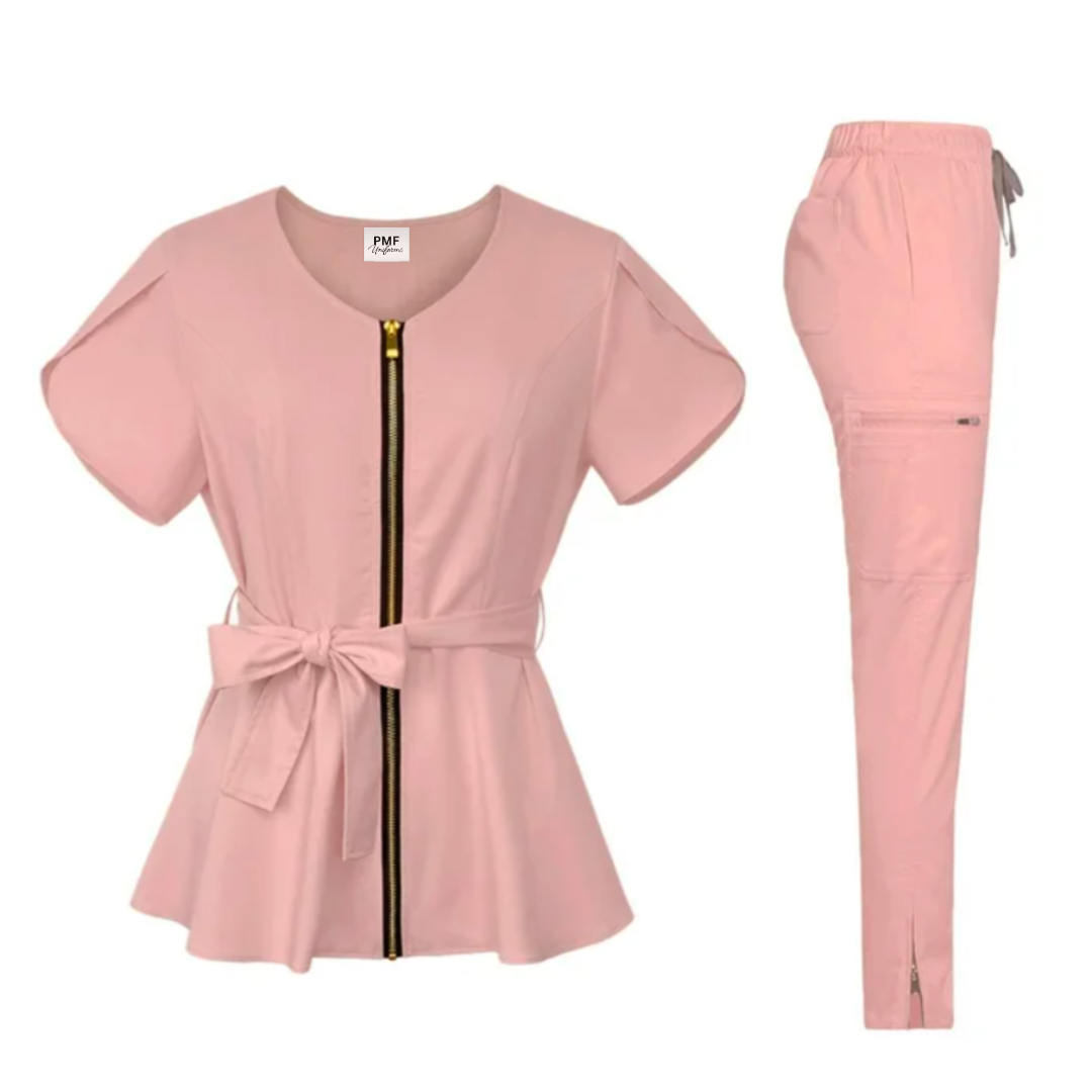 Pink tie waist scrubs